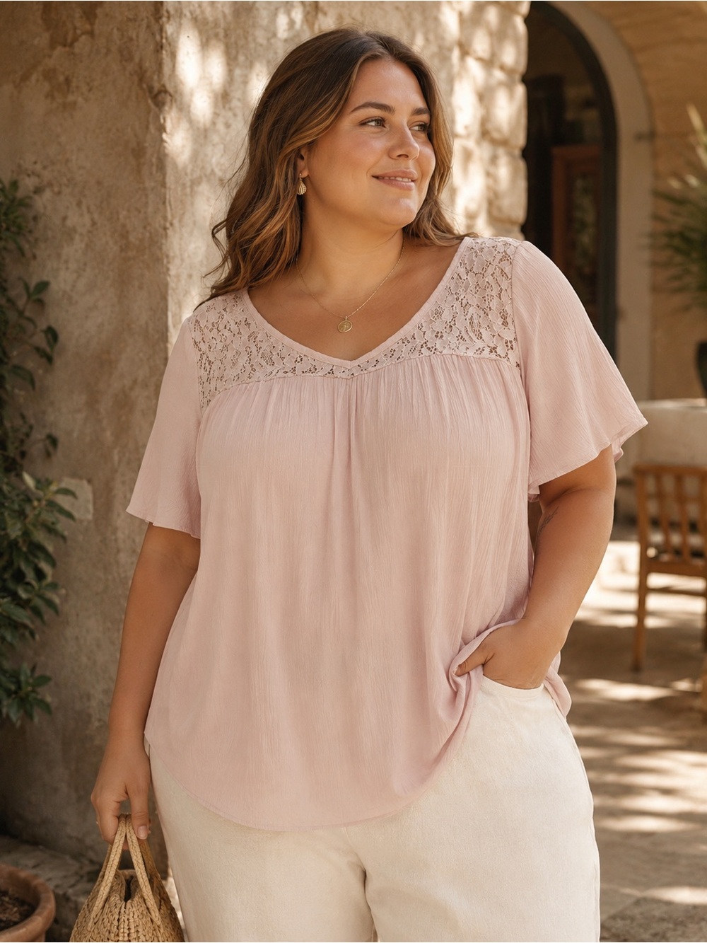 915. Women's Lace Yoke Flutter Sleeve Top - Blush